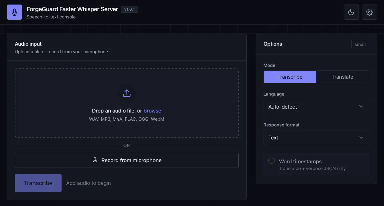 ForgeGuard Faster Whisper Server web console