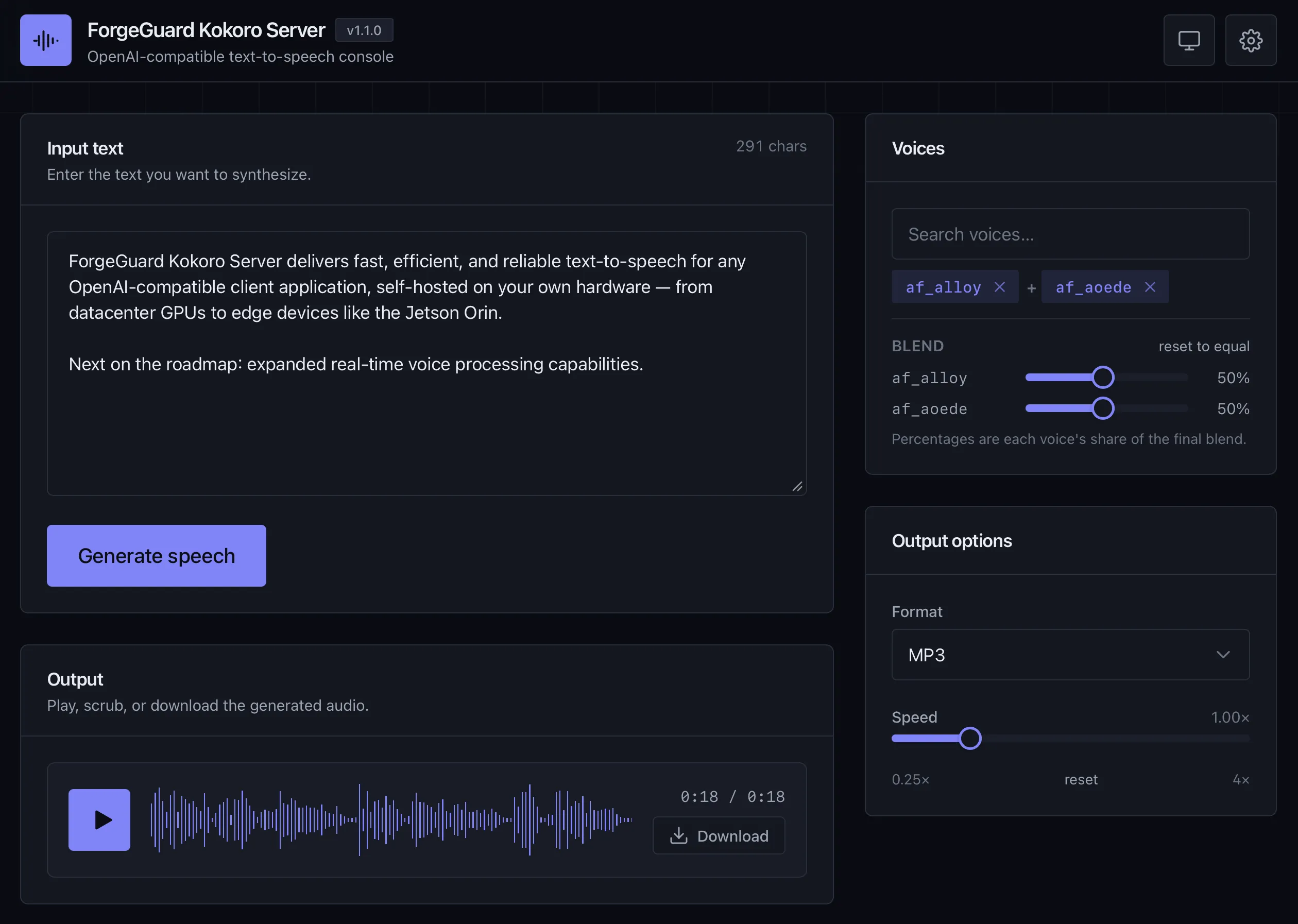ForgeGuard Kokoro Server web console showing voice selection and synthesis controls